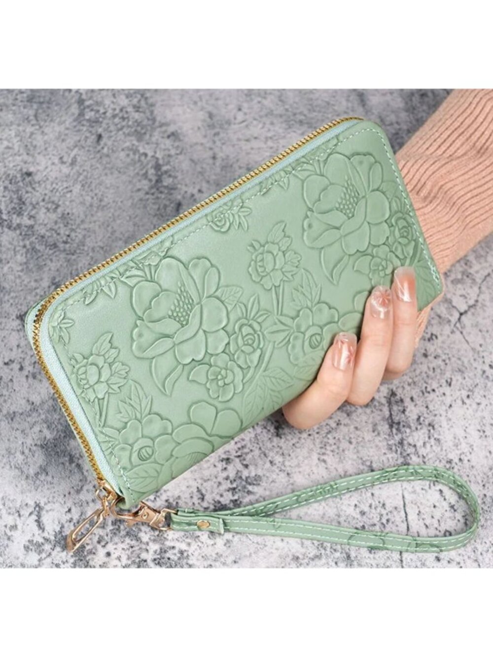 PU Leather Green Floral Embossed Wallet With Wristlet Strap Zipper Closure Multi